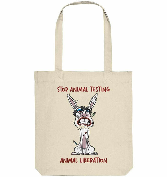 Weiße Stofftasche mit Cartoon-Hase und Stop Animal Testing-Botschaft, aus recycelten Materialien, symbolisiert Tierrechtsbewusstsein.