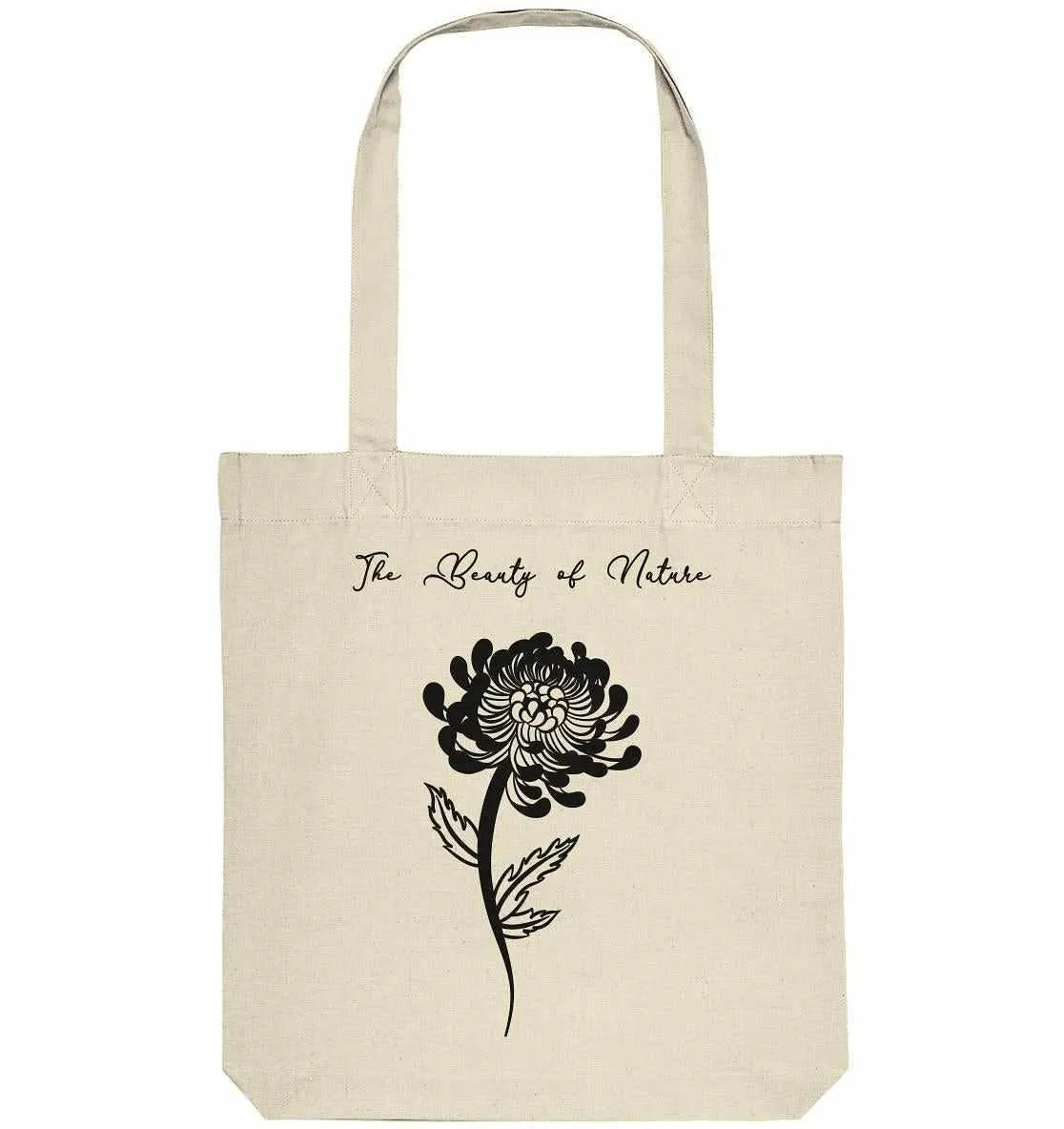 Beige Stofftasche mit Chrysanthemen-Zierdruck und Tragegriffen