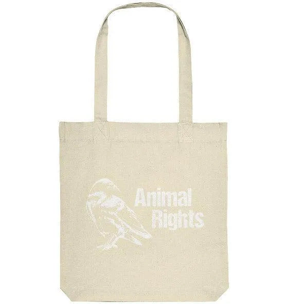 Recycling-Stofftasche in Naturfarben mit Vogel-Print und Aufschrift „Animal Rights“.
