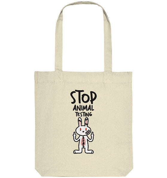 Baumwoll-Totebag in Naturfarbe mit „Stop Animal Testing“-Motiv und Hase