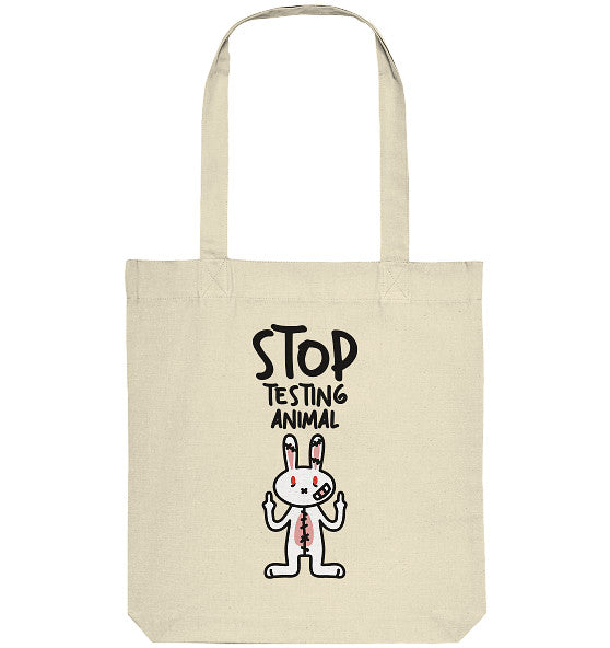 Vegan und Recycling Stofftasche: Angry Rabbit - Animal Rights, zeigt ein wütendes Cartoon-Kaninchen mit erhobenen Mittelfingern und dem Text „STOP TESTING ANIMALS“, ideal für Tierrechtsaktivisten.