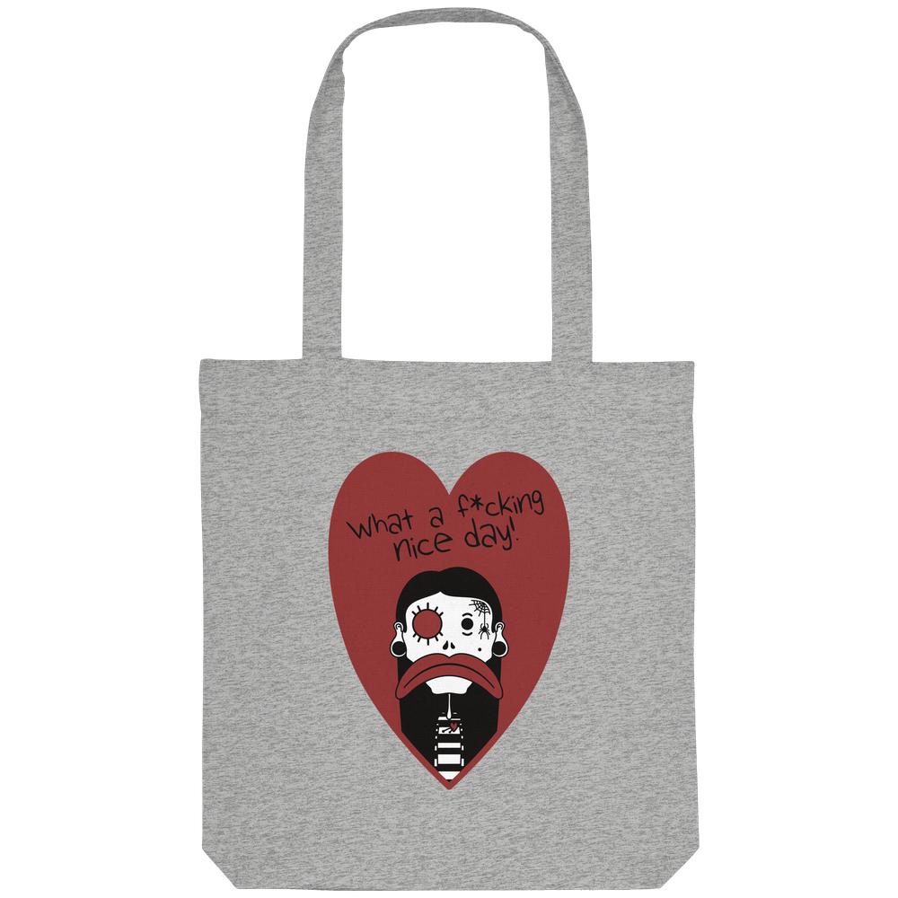 Grau melierte Stofftasche mit Herz-Comic-Print und kurzem Tragegriff
