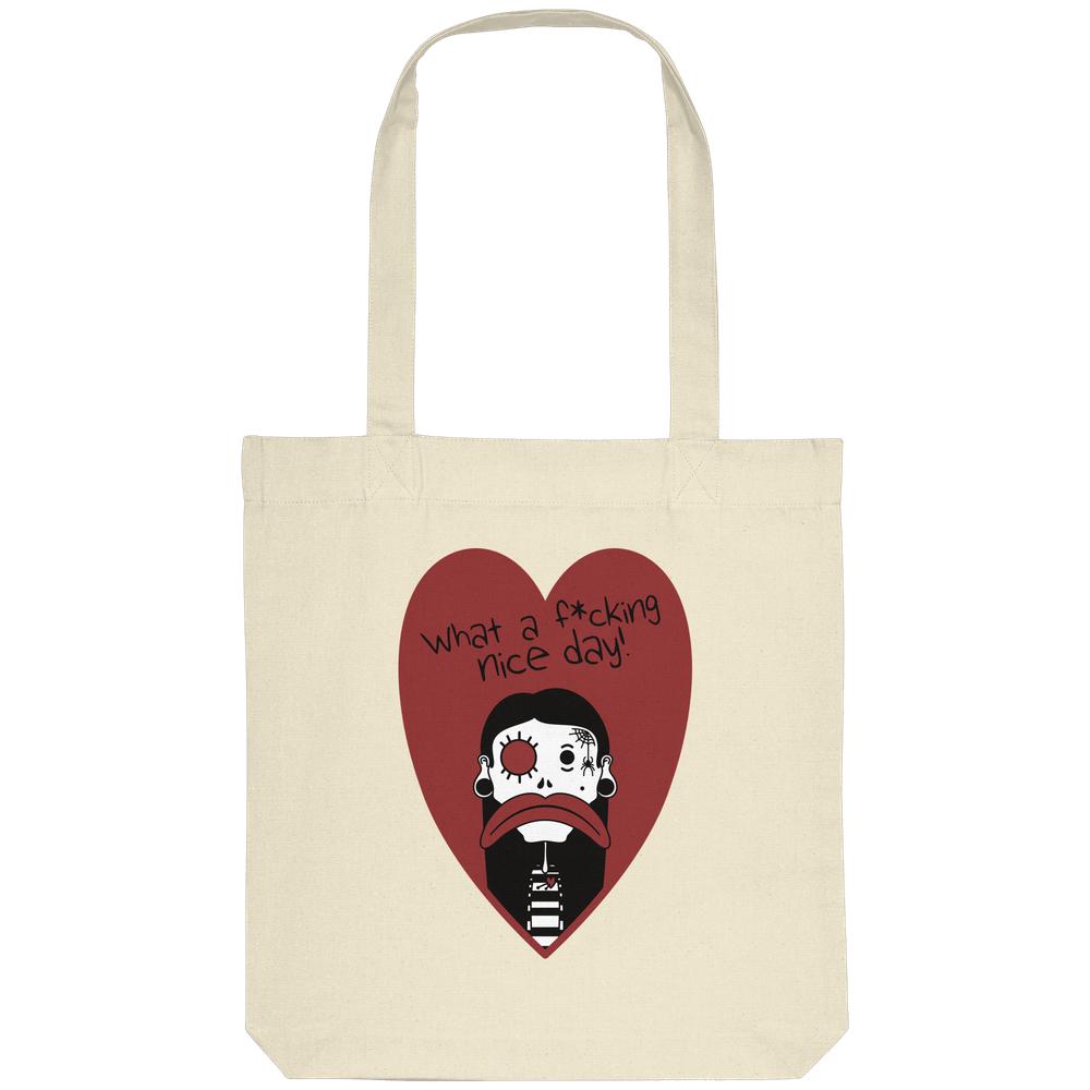 Naturfarbene Stofftasche mit Herz-Comic-Print und kurzem Tragegriff