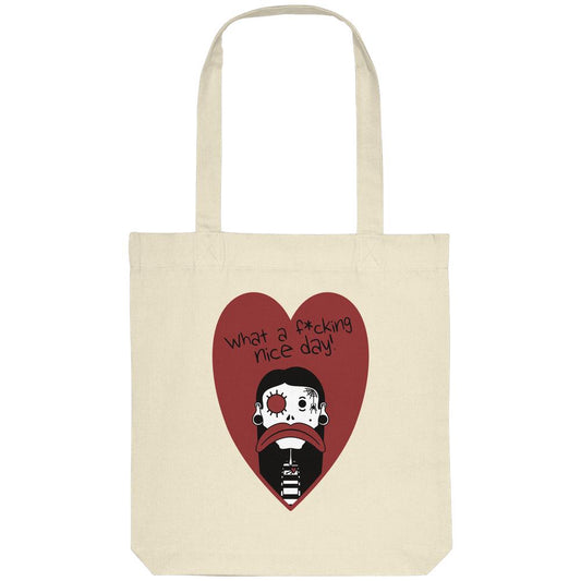 Naturfarbene Stofftasche mit Herz-Comic-Print und kurzem Tragegriff