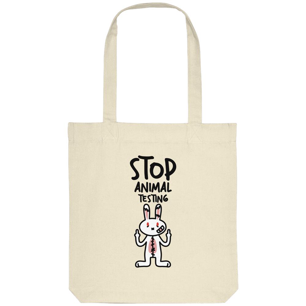 Baumwoll-Totebag in Naturfarbe mit Aufdruck „Stop Animal Testing“ und Hase