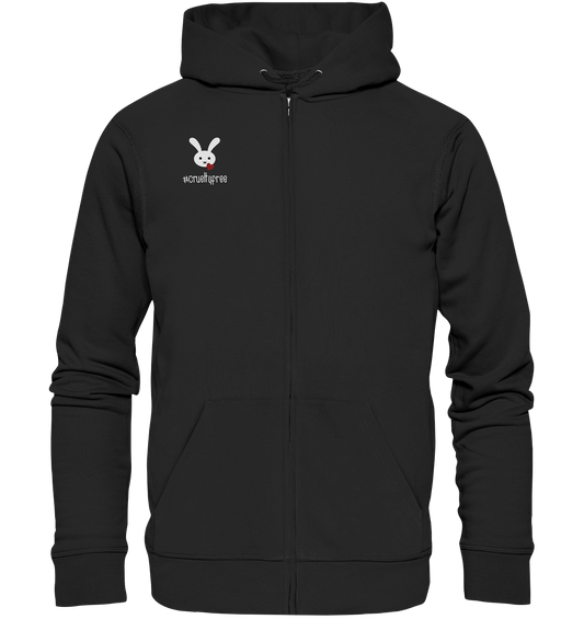 Vegan, Organic & Recycled Zipper Hoodie: Crueltyfree Bunny (weißes süßes Häschen und rotes Herz mit Schriftzug, gegen Tierersuche in der Kosmetikindustrie, Vegan für die Tiere, Veganismus) in schwarz