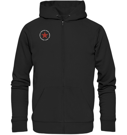 Vegan, Organic & Recycled Zipper Hoodie: Red Star with Animal Liberation (bedruckt mit großem roten Stern und Schriftzug darum, Vegan Merch, Veganismus, Animal Rights) in schwarz