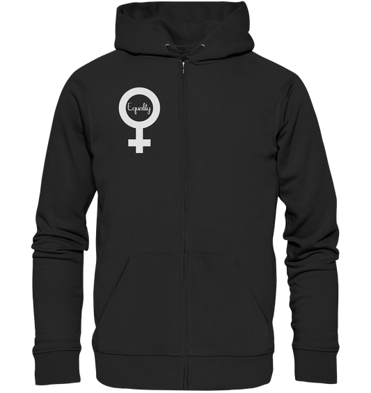 Vegan, Organic & Recycled Zipper Hoodie: Feminismus - Der Kampf um Gleichberechtigung (bedruckt mit Weiblichkeitssymbol Venus in der Mitte Schriftzug Equality in Schreibschrift, Feminismus Merch, feministische Kleidung, Matriarchat) in schwarz