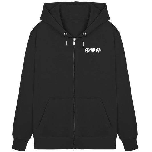 Vegan und Bio Zipper Hoodie bestickt: Peace - Love - Veganism, schwarzer Kapuzenpullover mit Kängurutasche und weißer Stickerei der Symbole Frieden, Liebe, vegan.