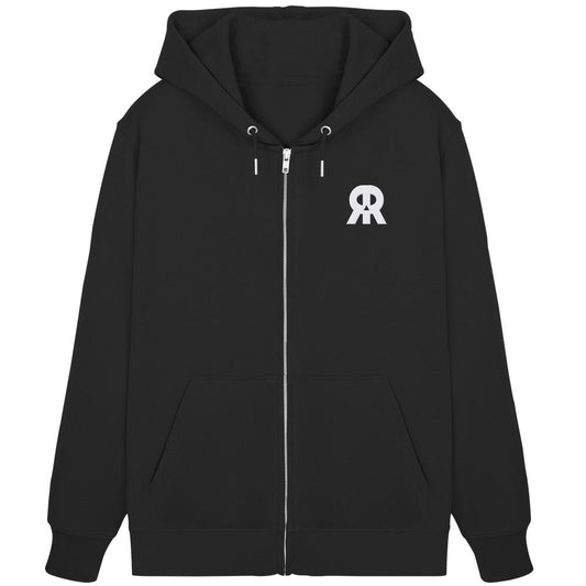Vegan und Bio Zipper Hoodie bestickt: RUDE REBEL Skull, schwarzer Hoodie mit Reißverschluss, Kapuze, Kängurutasche, und kleinem weißen Logo auf der Brust.