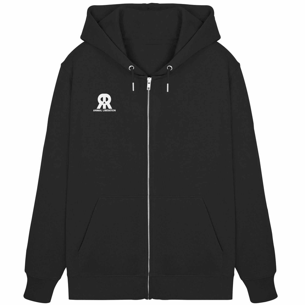 Vegan und Bio Zipper Hoodie: RUDE REBEL Skull - Animal Liberation mit weißem Logo, Kapuze, Metallreißverschluss, Kängurutasche, aus Bio-Baumwolle und recyceltem Polyester.