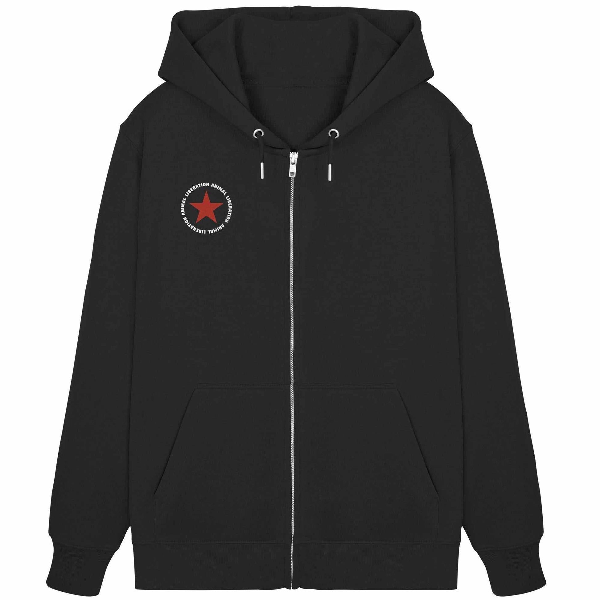 Vegan und Bio Zipper Hoodie: Red Star - Animal Liberation, schwarzer Kapuzenpullover mit Reißverschluss, rotem Sternmotiv und Kängurutasche, aus Bio-Baumwolle und recyceltem Polyester.