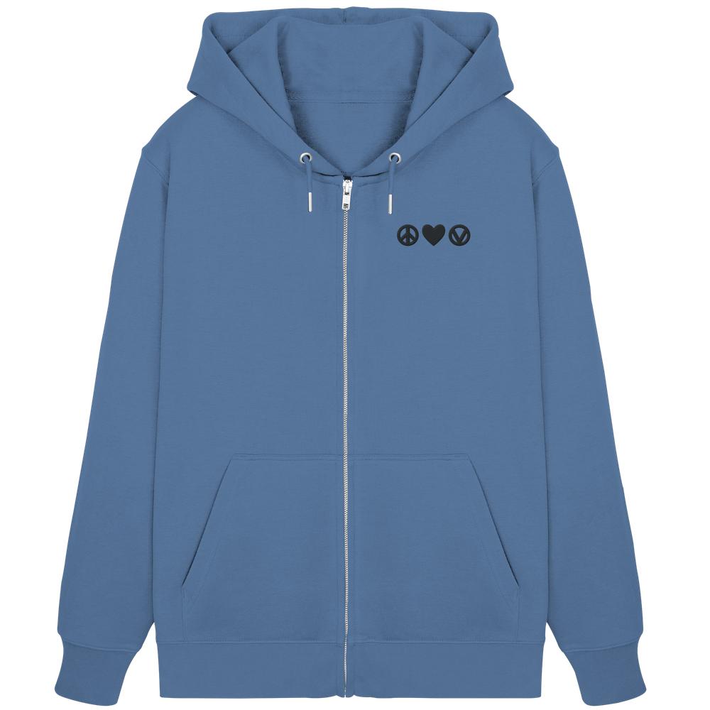 Vegan und Bio Zipper Hoodie bestickt: Peace - Love - Veganism. Blaue Kapuzenjacke mit Reißverschluss, Kängurutaschen, Kapuze mit Kordeln, Peace-Love-Vegan-Symbolen. Ideal für vegane, nachhaltige Mode.