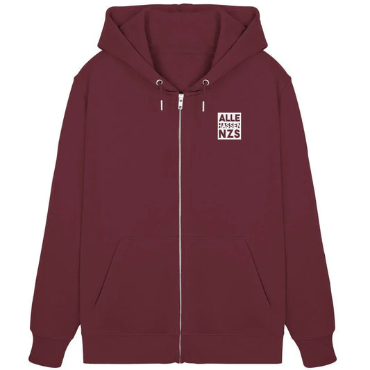 Reißverschluss-Hoodie in Bordeaux mit Kapuze, Kordeln und Brustprint „ALLE HASSEN NZS“