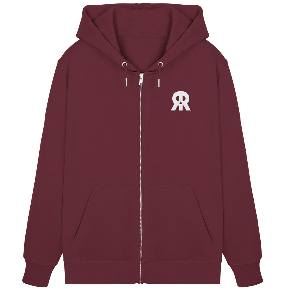 Vegan und Bio Zipper Hoodie bestickt: RUDE REBEL Skull, dunkelburgunderfarben, mit Kapuze, Reißverschluss, Kängurutaschen, und „RR“-Logo auf der Brust. 85% Bio-Baumwolle, 15% recyceltes Polyester.