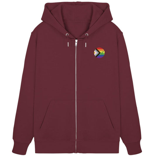 Burgunderfarbener Zipper-Hoodie mit Kapuze, Reißverschluss und Regenbogen-Emblem auf der Brust