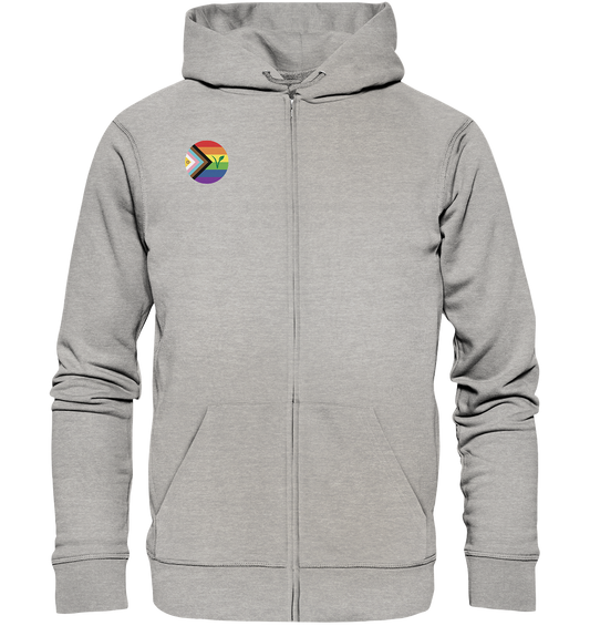 Vegan, Organic & Recycled Zipper Hoodie: LGBTQAI+ VEGAN (Queer Fahne in Kreisform und ein V für Veganismus, Solidarität, Veganismus, LGBTQ Community) in grau