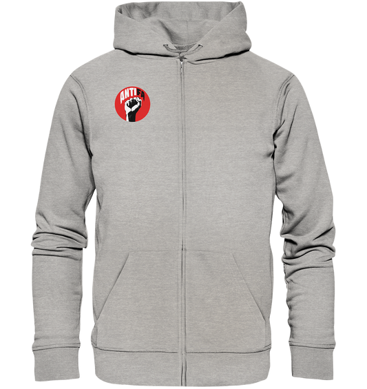 Vegan, Organic & Recycled Zipper Hoodie: Antifa - Gemeinsam gegen Rechts (bedruckt mit stilisierter Faust und darüber das Wort ANTIFA in fetter Schrift, alles in schwarz weiß, auf rotem runden Hintergrund, antifa merch, Antifaschistische Kleidung, Kleidung gegen Rechtsextremismus) in grau