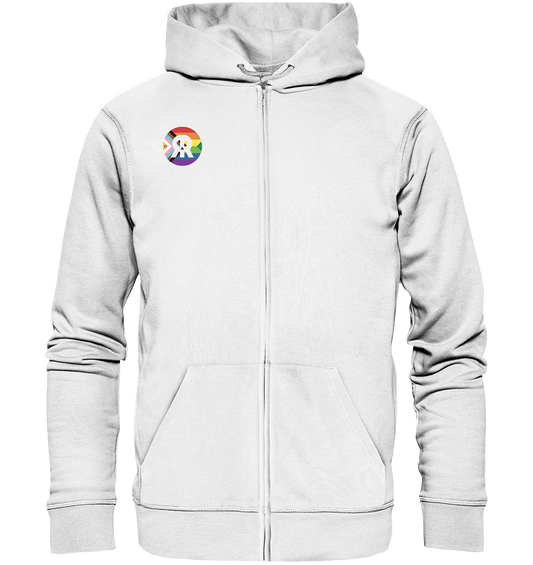 Vegan, Organic & Recycled Zipper Hoodie: LGBTQAI+ VEGAN + RUDE REBEL Skull (Queer Fahne in Kreisform und ein V für Veganismus, mit dem Rude Rebel Logo in der Mitte, Solidarität, Veganismus, LGBTQ Community) in weiß