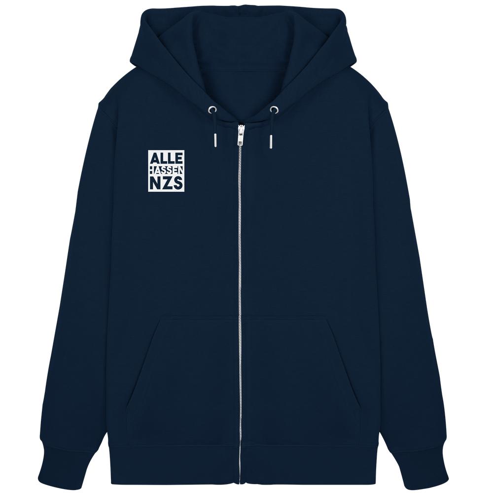 Navy-blauer Zipper Hoodie mit ALLE HASSEN NZS! Print, Kapuze, Reißverschluss und Kängurutaschen, aus Bio-Baumwolle und recyceltem Polyester.
