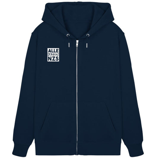 Navy-blauer Zipper Hoodie mit ALLE HASSEN NZS! Print, Kapuze, Reißverschluss und Kängurutaschen, aus Bio-Baumwolle und recyceltem Polyester.