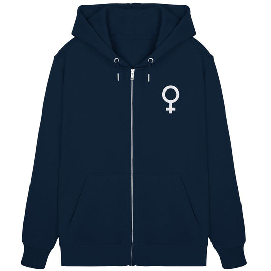 Vegan und Bio Zipper Hoodie bestickt: Das Venussymbol - der feministische Kampf, navy-blauer Kapuzenpullover mit Reißverschluss, Kängurutasche und gesticktem weißen Venussymbol auf der Brust.
