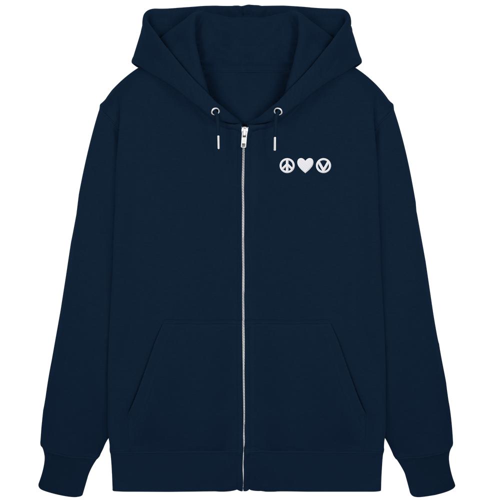 Navy-blauer Zipper Hoodie mit Symbolen für Frieden, Liebe, Veganismus, betont vegane, nachhaltige Mode von RUDE REBEL.