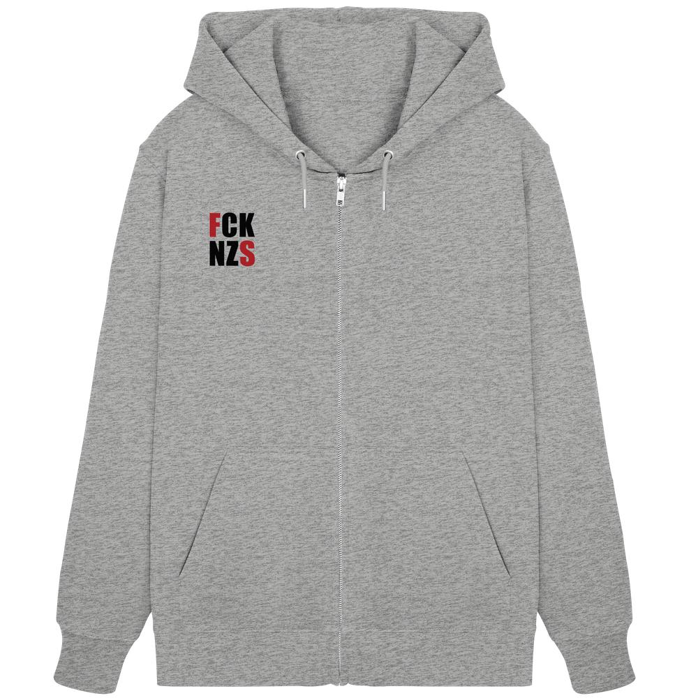 Vegan und Bio Zipper Hoodie: FCK NZS mit roten Highlights, hellgrau mit Kapuze, Kängurutasche und verdecktem Reißverschluss, aus Bio-Baumwolle und recyceltem Polyester.