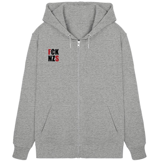 Vegan und Bio Zipper Hoodie: FCK NZS mit roten Highlights, hellgrau mit Kapuze, Kängurutasche und verdecktem Reißverschluss, aus Bio-Baumwolle und recyceltem Polyester.