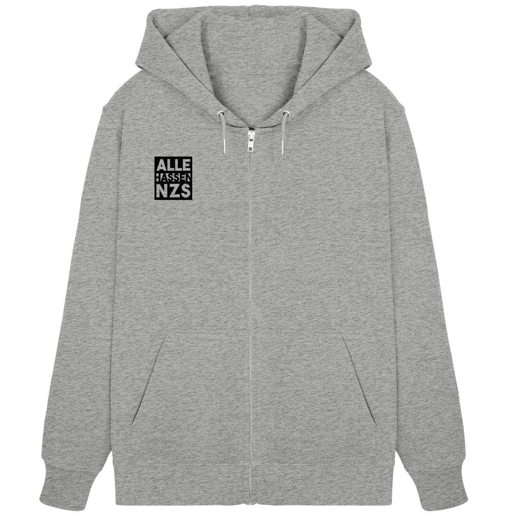 Vegan und Bio Zipper Hoodie: ALLE HASSEN NZS! Grauer Hoodie mit schwarzem Grafikaufdruck, Kapuze, Kängurutaschen, Metallreißverschluss, aus Bio-Baumwolle und recyceltem Polyester.