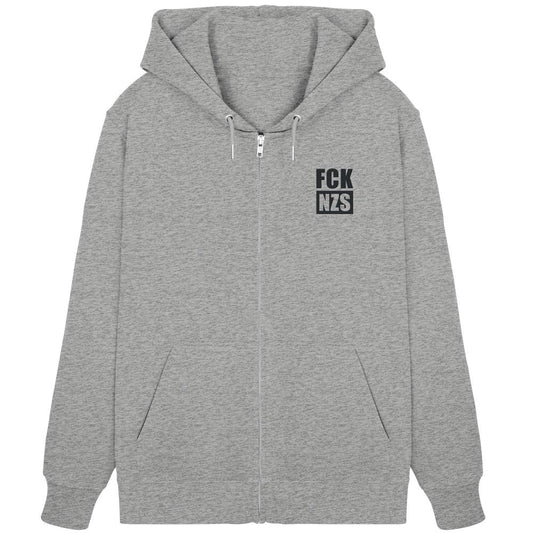 Vegan und Bio Zipper Hoodie bestickt: FCK NZS - Organic Zipper, hellgrau, mit Kapuze und Kängurutasche, betont antirechts, aus Biobaumwolle und recyceltem Polyester, RUDE REBEL.