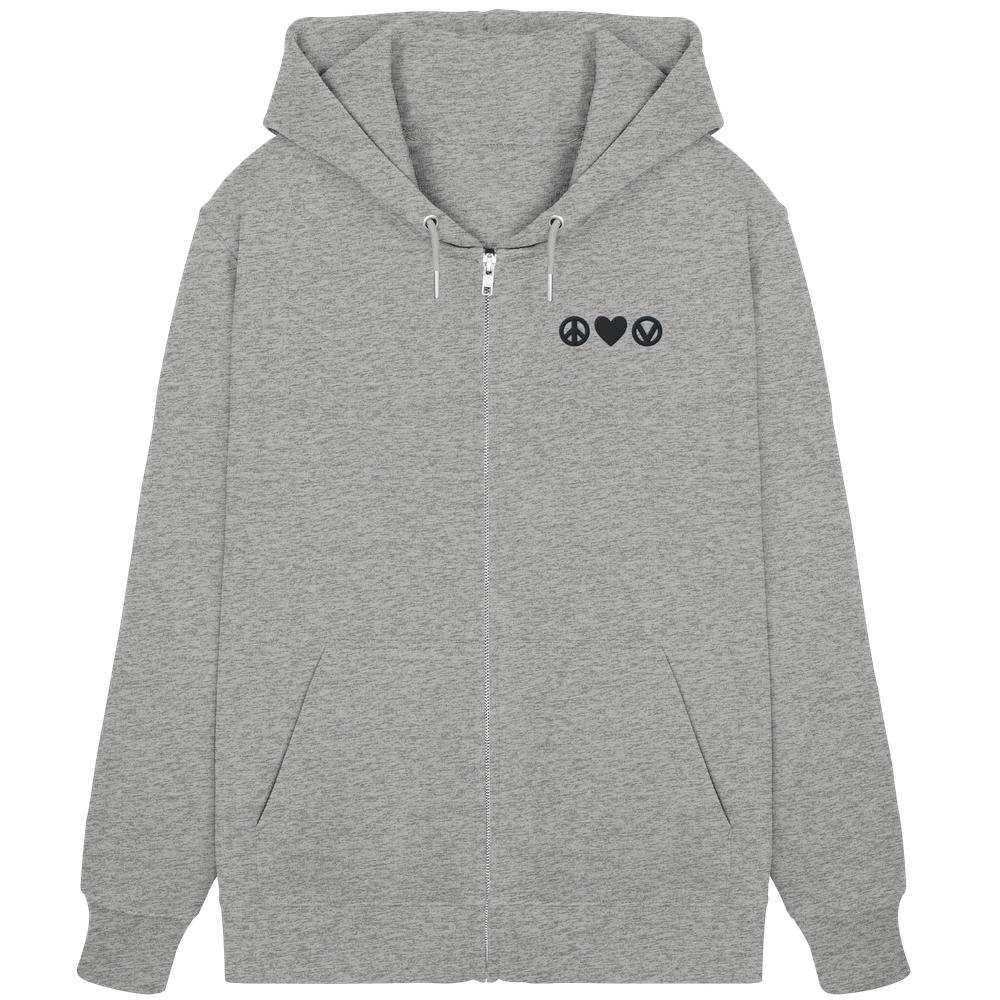 Vegan und Bio Zipper Hoodie bestickt: Peace - Love - Veganism; grauer Kapuzenpullover mit Reißverschluss, Kängurutasche, Peace-Love-Vegan-Icons und nachhaltigem Materialmix.