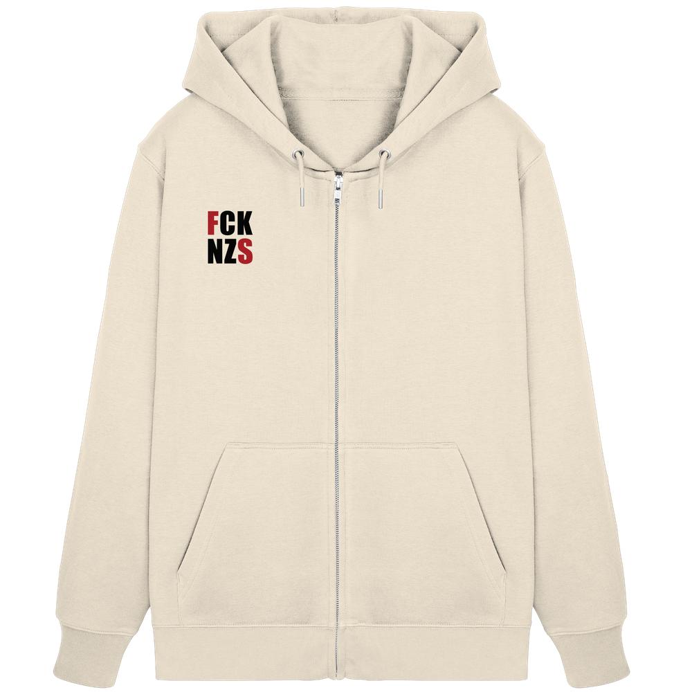 Vegan und Bio Zipper Hoodie: FCK NZS mit roten Highlights, beige, mit Kapuze und Kängurutaschen, repräsentiert rebellischen Stil von RUDE REBEL, nachhaltige Materialien.