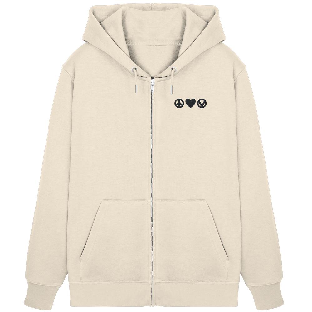 Vegan und Bio Zipper Hoodie bestickt: Peace - Love - Veganism, hellbeige mit Kapuze, Kängurutasche und drei Icons auf der Brust, nachhaltige Baumwollmischung.