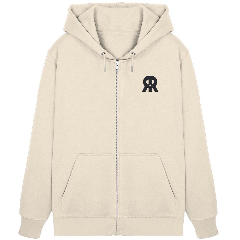 Vegan und Bio Zipper Hoodie bestickt: RUDE REBEL Skull, beige, mit Kapuze, Reißverschluss, Kängurutaschen und kleinem schwarzen Logo auf der linken Brust.
