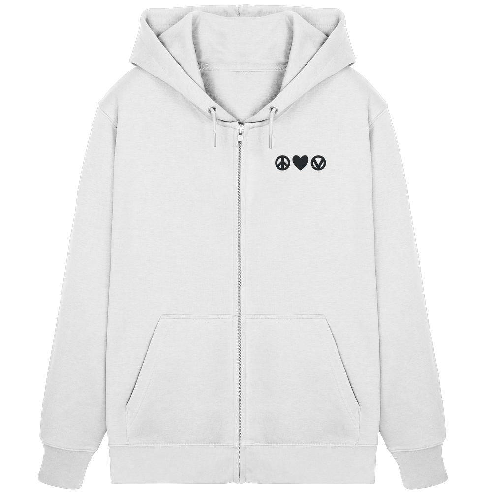 Vegan und Bio Zipper Hoodie bestickt: Peace - Love - Veganism, zeigt dezente Symbole auf der Brust. Bio-Baumwolle, recycelter Polyester, Kapuze, Kängurutasche, verdeckter Reißverschluss.