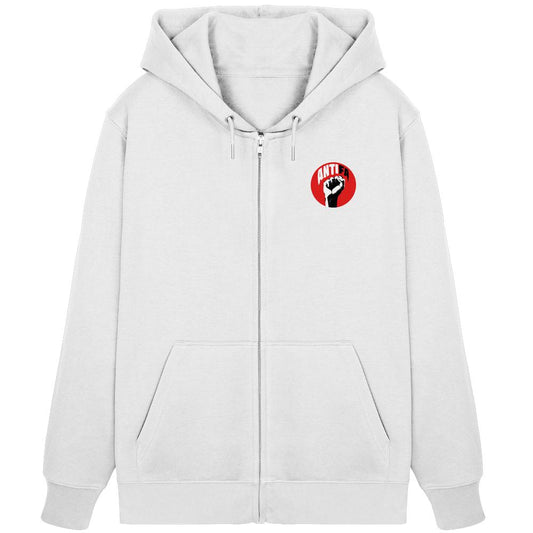 Weißer Bio-Zipperhoodie mit Kapuze, Frontreißverschluss, Kängurutaschen und Anti-Logo