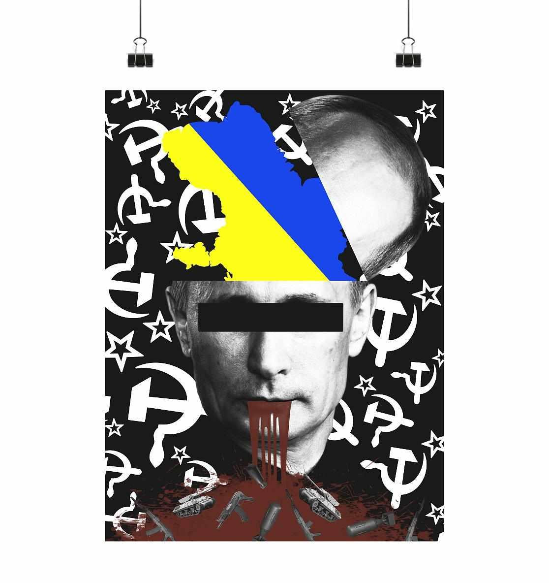Poster mit einem Mannsbild und einer blauen und gelben Flagge, thematisiert den Krieg in der Ukraine. Vegan und Öko Poster Din A2: STOP WAR IN UKRAINE!