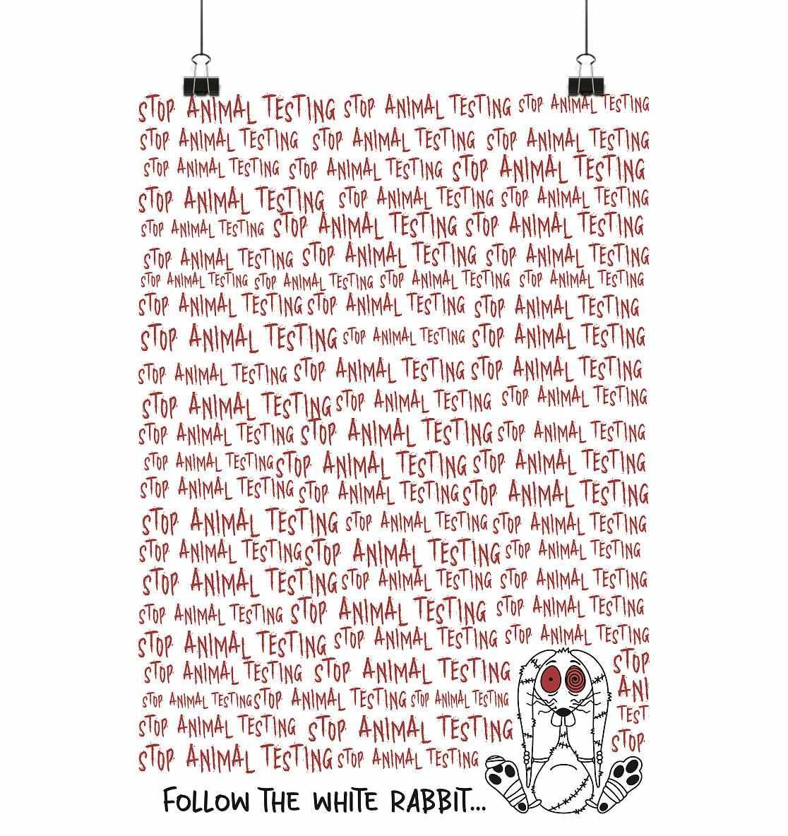 Vegan und Öko Poster Din A3: Cartoon-Hase mit roten Augen, betont grausame Tierversuche. Umweltfreundlicher Fine-Art-Print, 42 x 59,4 cm, seidenmattes Finish.