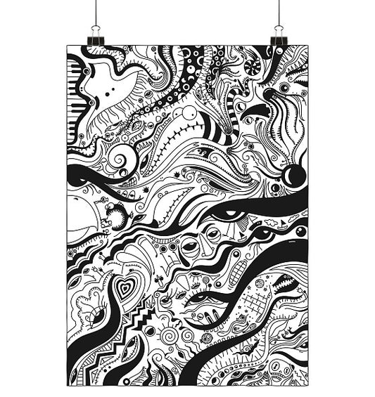 Abstraktes schwarz-weißes Poster Verworren im Kontrast mit organischen Formen, Augen, Spiralen und geometrischen Mustern, gedruckt auf seidenmattem Fine-Art-Papier, Größe Din A3.