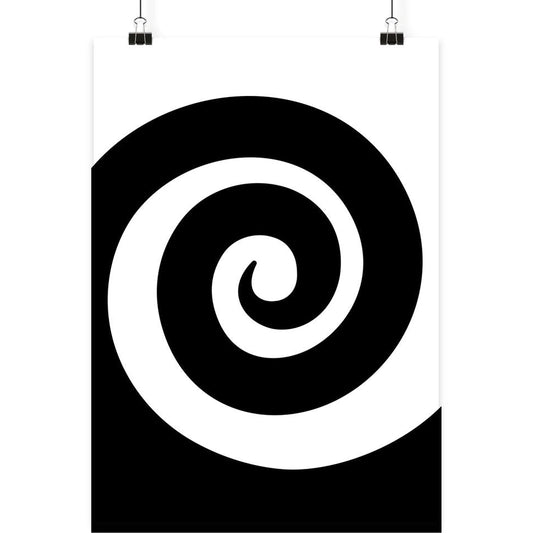 Vegan und Öko Poster Din A3: Spirale Vol. 2 - Schwarz-weißes, minimalistisches Spiraldesign auf seidenmattem, randlosem Fine-Art-Print, aufgehängt mit schwarzen Clips.