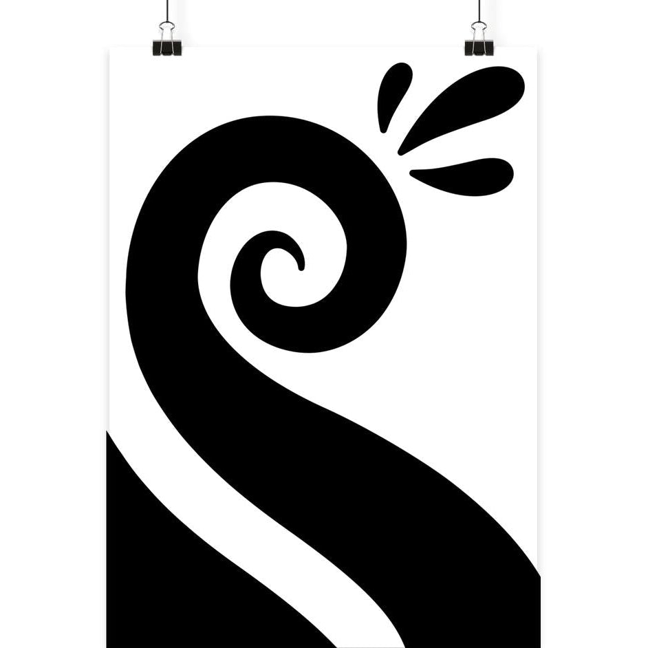 Vegan und Öko Poster Din A3: Spirale Vol. 1 – Minimalistisches schwarz-weißes Poster mit stilisierter Wellenform und Tropfenspritzern, aufgehängt mit zwei Klammern.