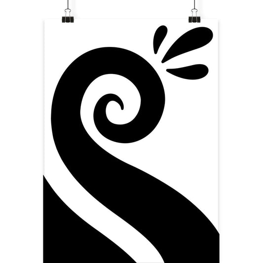 Vegan und Öko Poster Din A3: Spirale Vol. 1 – Minimalistisches schwarz-weißes Poster mit stilisierter Wellenform und Tropfenspritzern, aufgehängt mit zwei Klammern.