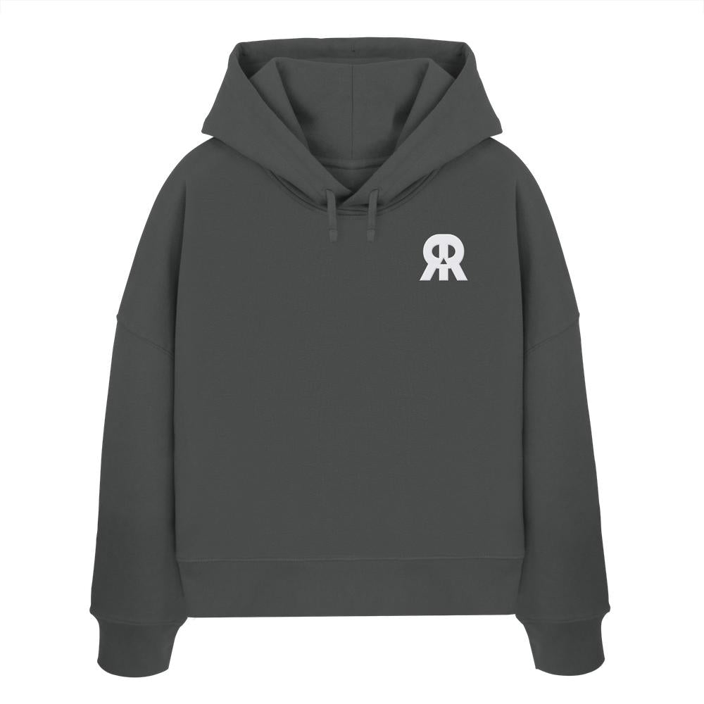 Vegan und Bio Crop Hoodie bestickt: RUDE REBEL Skull, dunkelgrau, mit weißem RR-Logo, Kapuze, Kordeln, lockeren Schultern, Rippenbündchen und geradem Saum aus 100% Bio-Baumwolle.