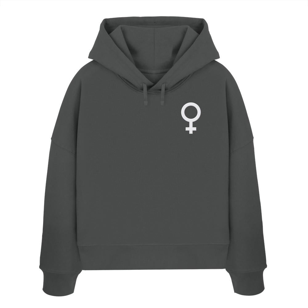 Charcoal-grauer Bio-Hoodie mit Venus-Symbol auf der Brust, Kapuze mit Kordelzug, abfallende Schultern. Verkörpert feministischen Kampf für Gleichberechtigung.