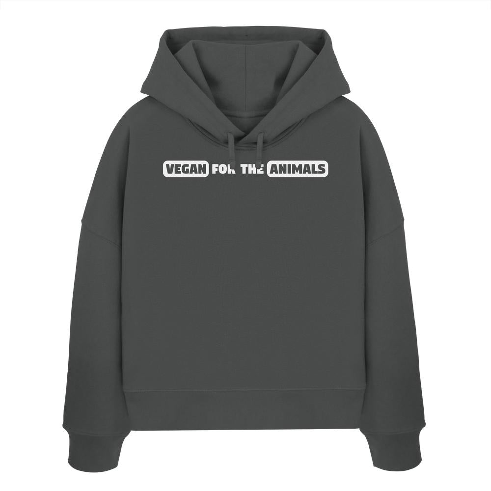 Dunkelgrauer Hoodie mit Aufdruck VEGAN FOR THE ANIMALS, aus 100% Bio-Baumwolle. Reguläre Passform, doppellagige Kapuze, flache Kordel, abfallende Schultern.