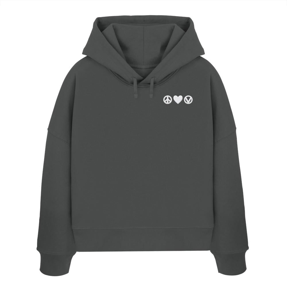 Dunkelgraues Hoodie mit Kapuze, links auf der Brust bestickt: Symbole für Frieden, Liebe, Veganismus. Vegan und Bio Crop Hoodie bestickt: Peace - Love - Veganism.