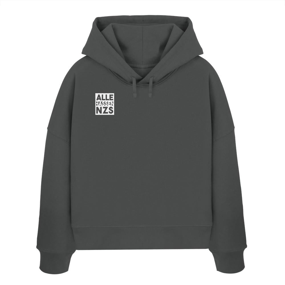 Dunkelgrauer Bio-Pullover Hoodie mit ALLE HASSEN NZS! Grafik auf der Brust, doppellagiger Kapuze und abfallenden Schultern, aus 100% Bio-Baumwolle von RUDE REBEL.