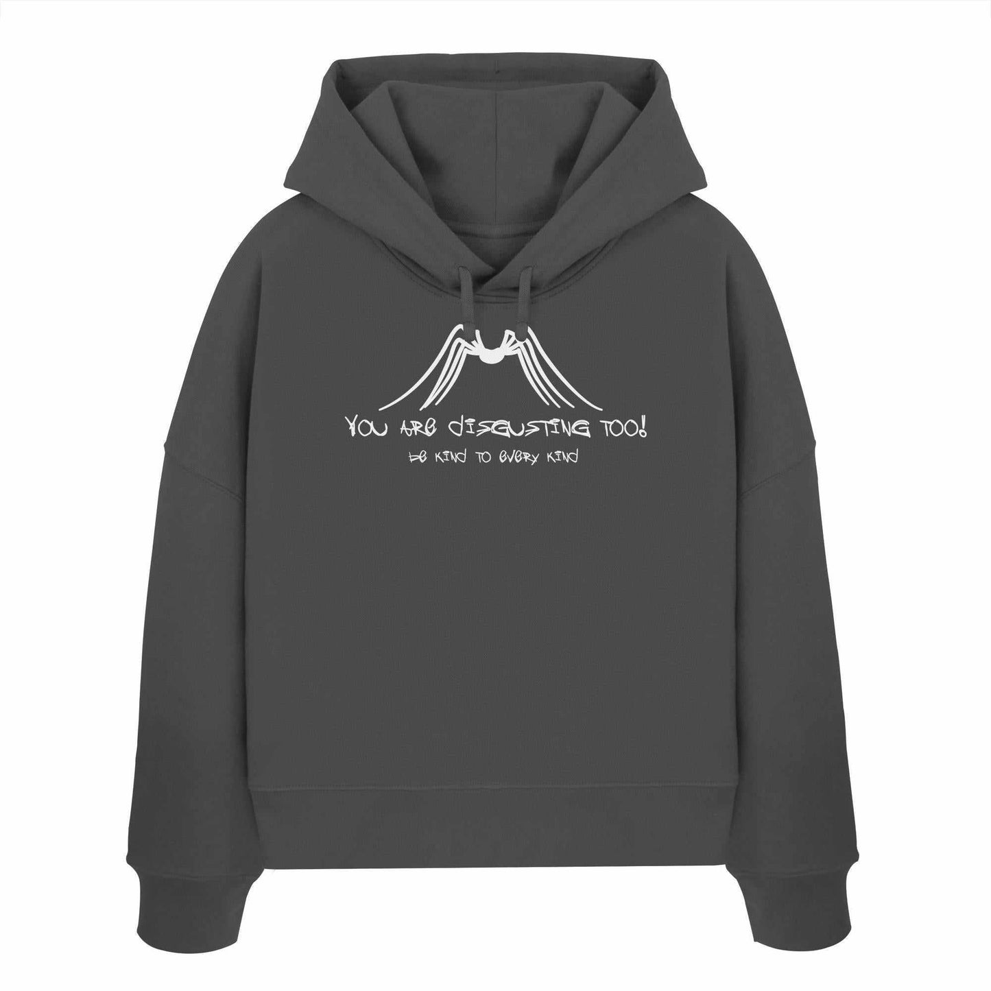 Vegan und Bio Crop Hoodie mit weißem Text „Protect Insects, even spiders and be kind to every kind“ auf grauem Hintergrund, aus 100% Bio-Baumwolle.