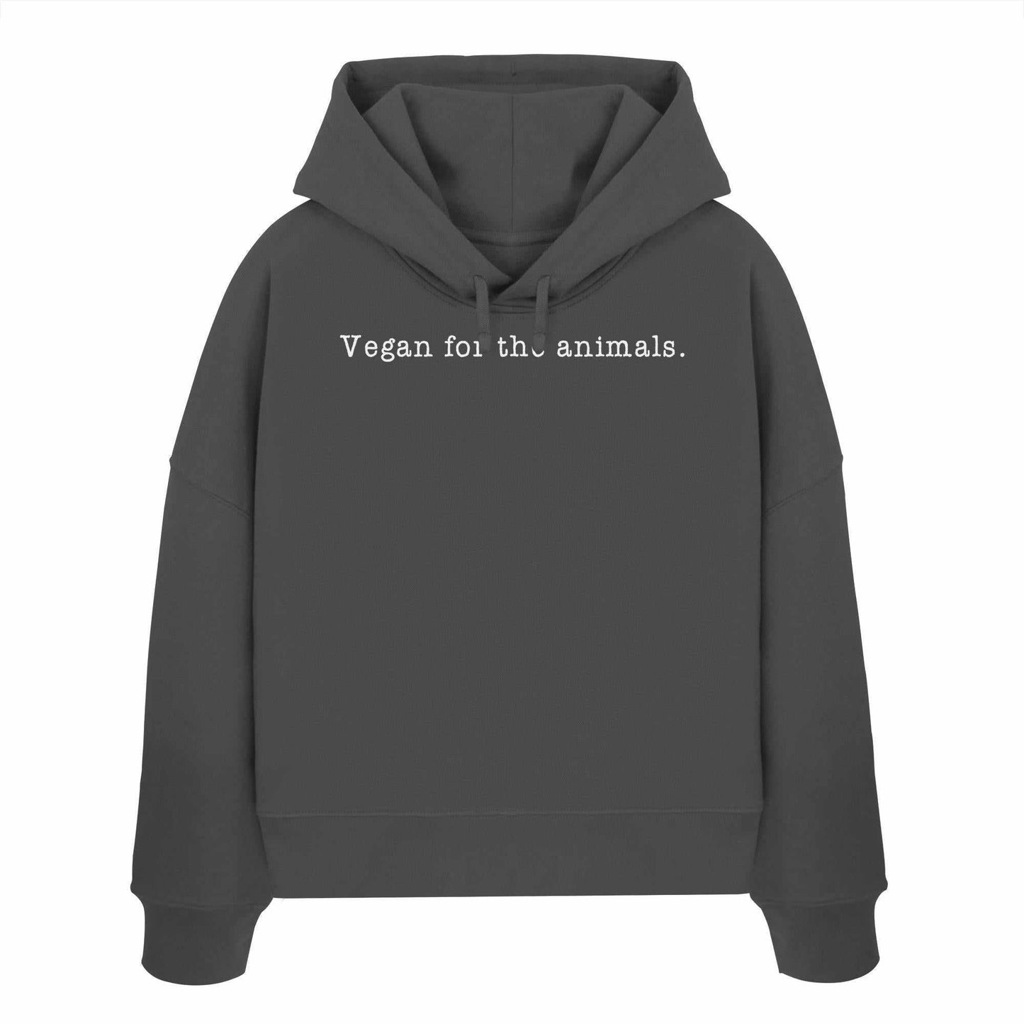 Vegan und Bio Crop Hoodie: Minimalism Design - Vegan for the animals, grauer Hoodie mit weißem Text, hergestellt aus 100% Bio-Baumwolle, reguläre Passform, doppellagige Kapuze.